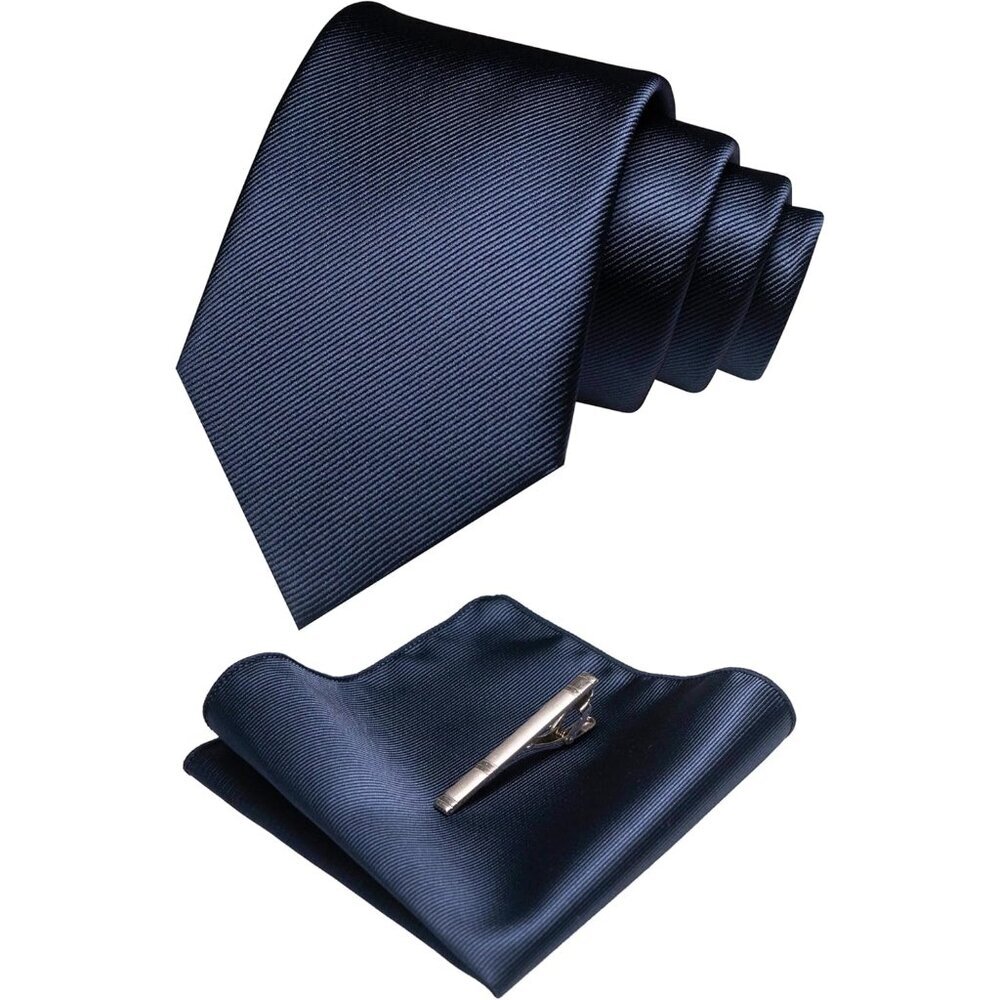 Men's Navy Solid Color Formal Necktie And Pocket Square Tie Clip Sets